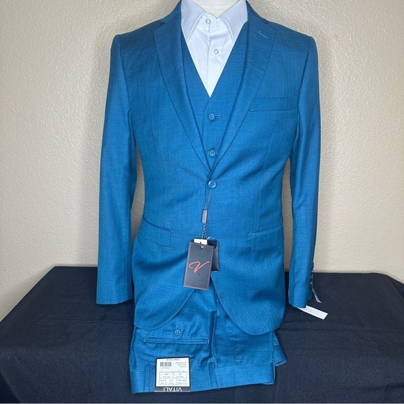 Mens Vitali Three Piece Suit Vested M3090-COLBY Teal Slim Fit - Picture 1 of 11